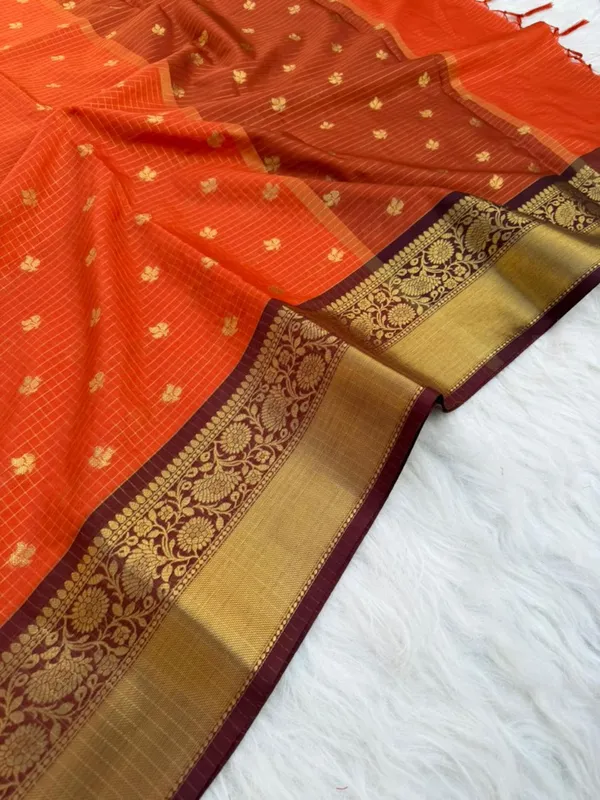 Rust_Orange_Maheshwari_Silk_Saree_With_Gold_Zari_Checks,_Buti_And_Floral_Woven_Border
