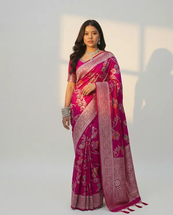 Rani_Pink_Chiniya_Silk_Banarasi_Saree_With_Floral_Zari_Jaal_And_Rich_Woven_Border