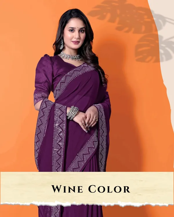 Wine_Georgette_Premium_Embroidered_Saree_With_Matching_Blouse_For_Women
