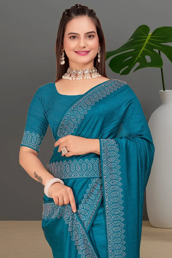 Teal_Blue_Georgette_Premium_Embroidered_Saree_With_Matching_Blouse_For_Women