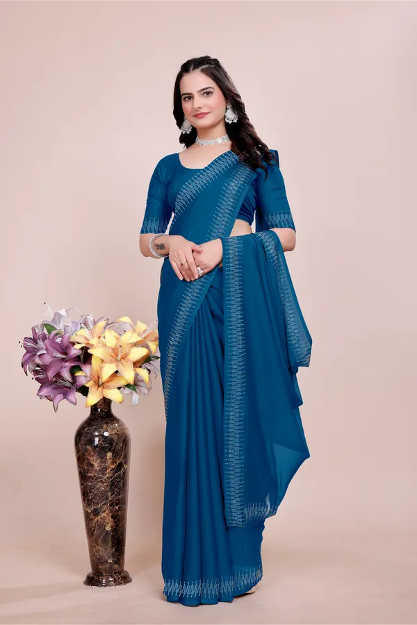 Blue_Elegant__Georgette_Premium_Embroidered_Saree_With_Matching_Blouse_For_Women