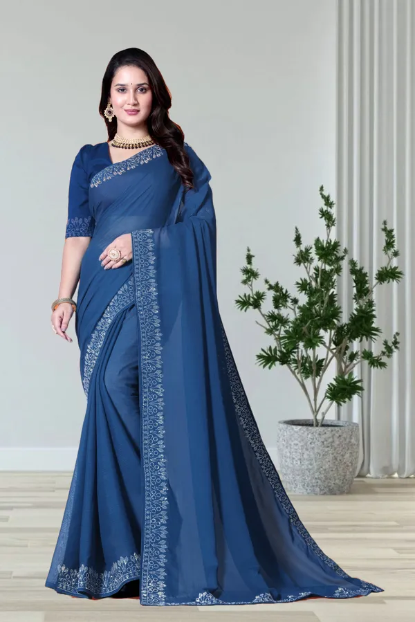 Navy_Blue_Georgette_Premium_Embroidered_Saree_With_Matching_Blouse_For_Women