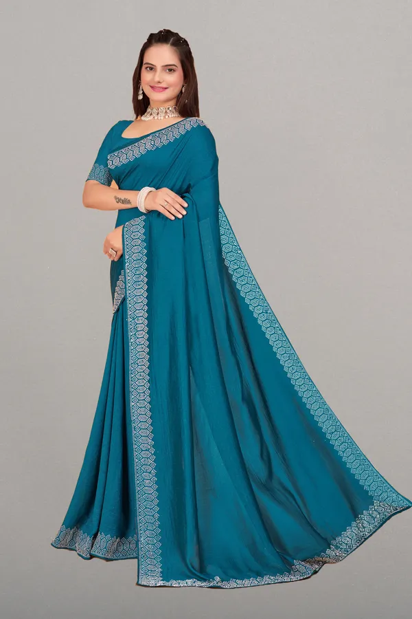 Teal_Blue_Georgette_Premium_Embroidered_Saree_With_Matching_Blouse_For_Women