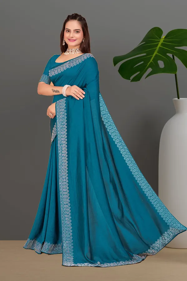 Teal_Blue_Georgette_Premium_Embroidered_Saree_With_Matching_Blouse_For_Women