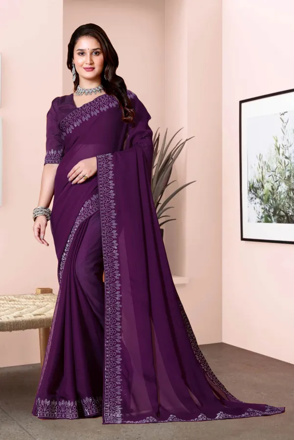 Purple_Georgette_Premium_Embroidered_Saree_With_Matching_Blouse_For_Women