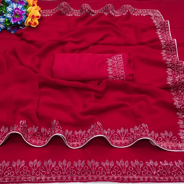 Red_Georgette_Premium_Embroidered_Saree_With_Matching_Blouse_For_Women