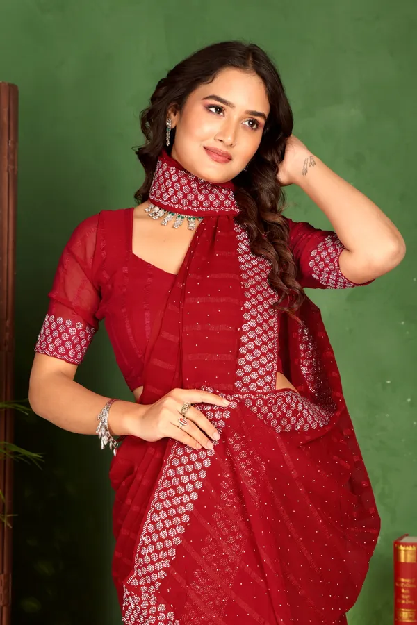 Red_Georgette_Premium_Embroidered_Saree_With_Matching_Blouse_For_Women