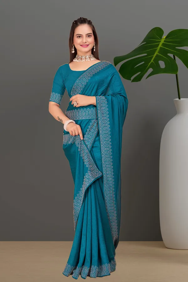Teal_Blue_Georgette_Premium_Embroidered_Saree_With_Matching_Blouse_For_Women