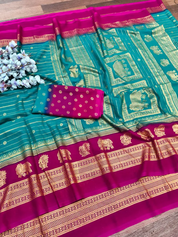 Pink_And_Blue_Georgette_Premium_Embroidered_Saree_With_Matching_Blouse_For_Women