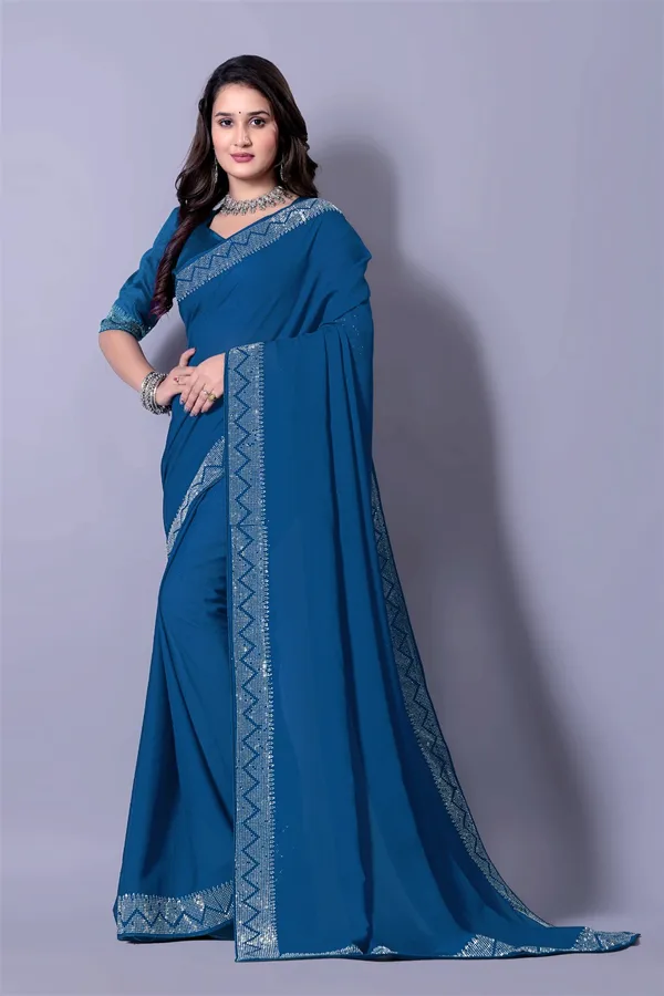 Blue_Elegant__Georgette_Premium_Embroidered_Saree_With_Matching_Blouse_For_Women