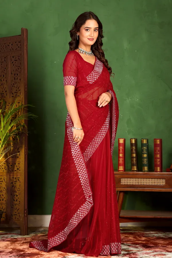 Red_Georgette_Premium_Embroidered_Saree_With_Matching_Blouse_For_Women