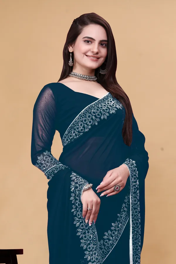Teal_Blue_Georgette_Premium_Embroidered_Saree_With_Matching_Blouse_For_Women