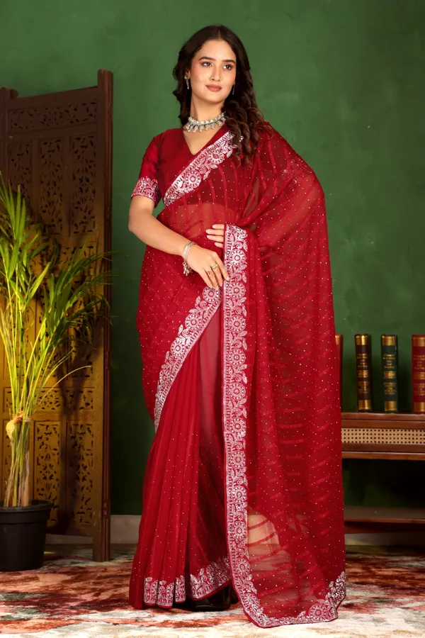 Red_Georgette_Premium_Embroidered_Saree_With_Matching_Blouse_For_Women