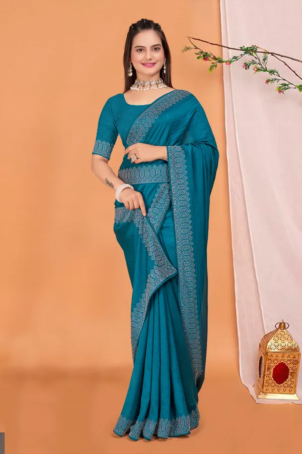 Aqua_Blue_Georgette_Premium_Embroidered_Saree_With_Matching_Blouse_For_Women