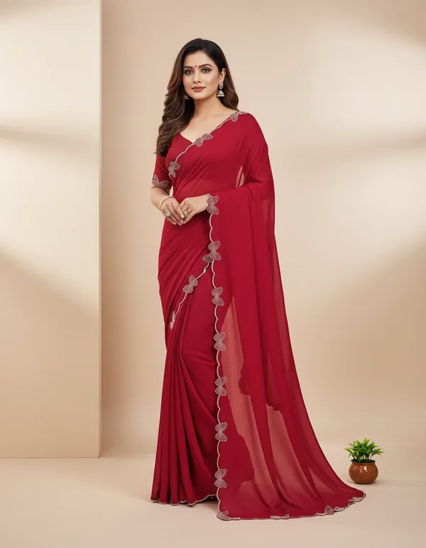 Red_Georgette_Premium_Embroidered_Saree_With_Matching_Blouse_For_Women