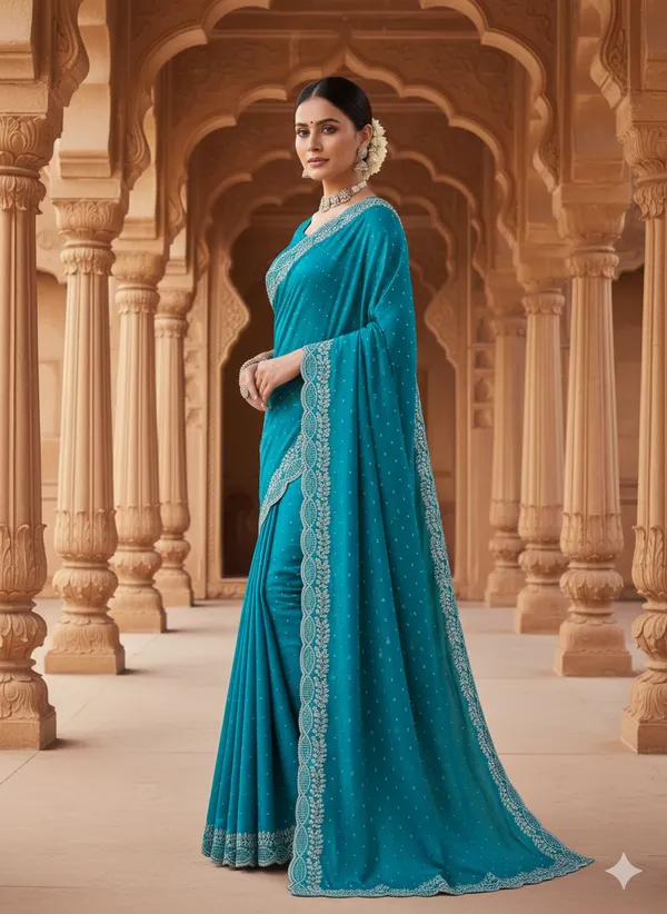 Turquoise_Blue_Georgette_Premium_Embroidered_Saree_With_Matching_Blouse_For_Women