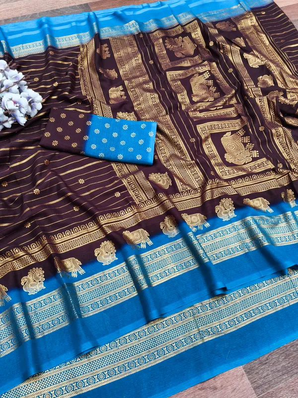 Brown_Georgette_Premium_Embroidered_Saree_With_Matching_Blouse_For_Women