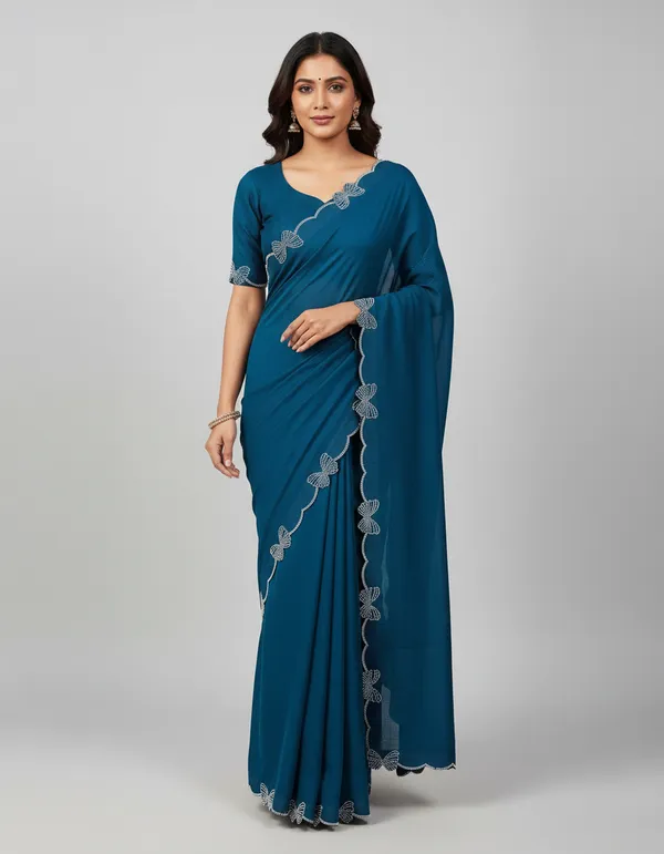 Blue_Elegant__Georgette_Premium_Embroidered_Saree_With_Matching_Blouse_For_Women