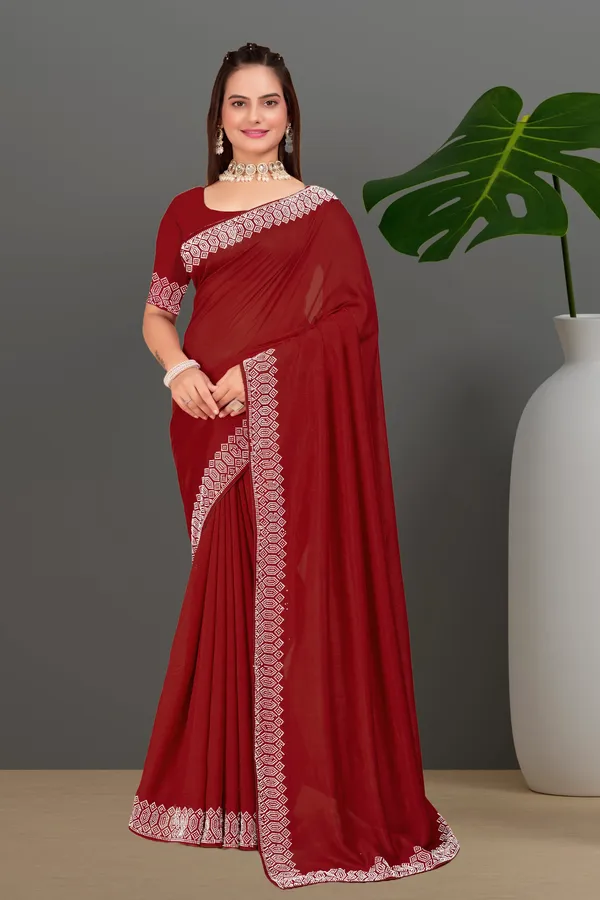 Maroon_Georgette_Premium_Embroidered_Saree_With_Matching_Blouse_For_Women