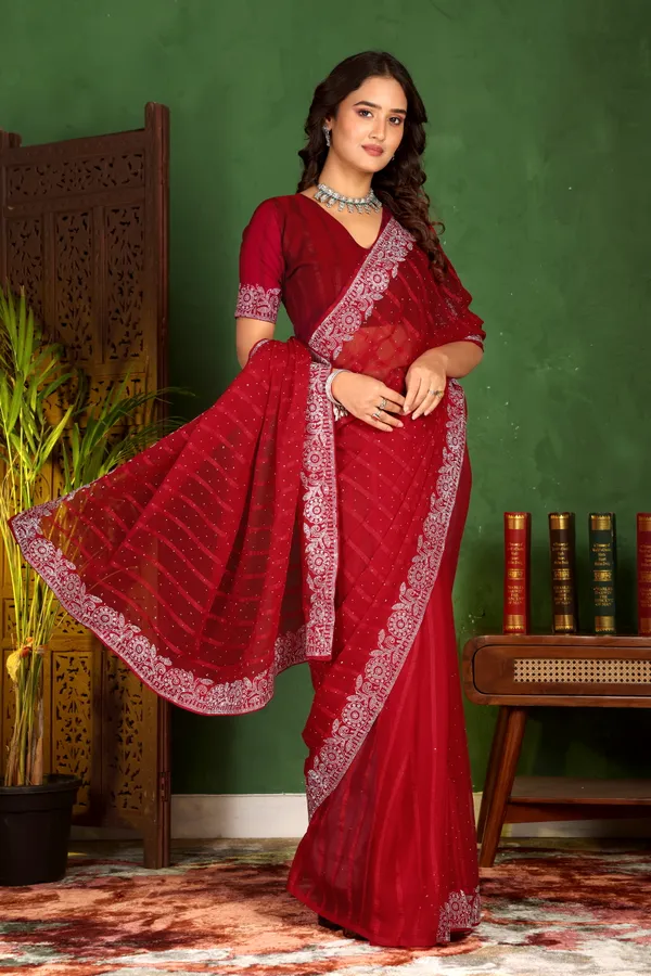 Red_Georgette_Premium_Embroidered_Saree_With_Matching_Blouse_For_Women