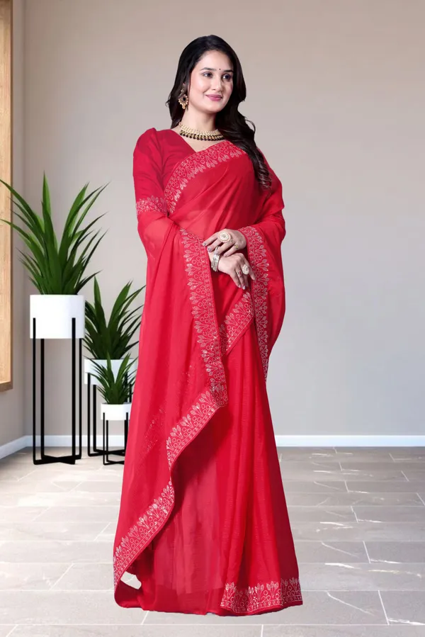 Red_Georgette_Premium_Embroidered_Saree_With_Matching_Blouse_For_Women