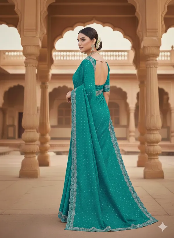 Turquoise_Blue_Georgette_Premium_Embroidered_Saree_With_Matching_Blouse_For_Women