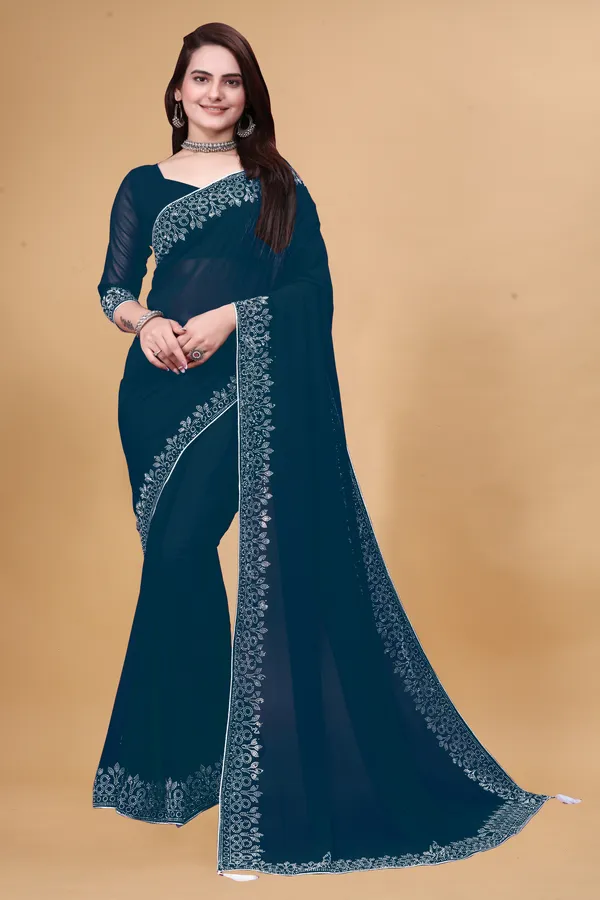 Teal_Blue_Georgette_Premium_Embroidered_Saree_With_Matching_Blouse_For_Women