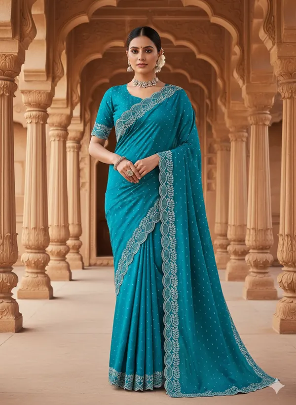 Turquoise_Blue_Georgette_Premium_Embroidered_Saree_With_Matching_Blouse_For_Women
