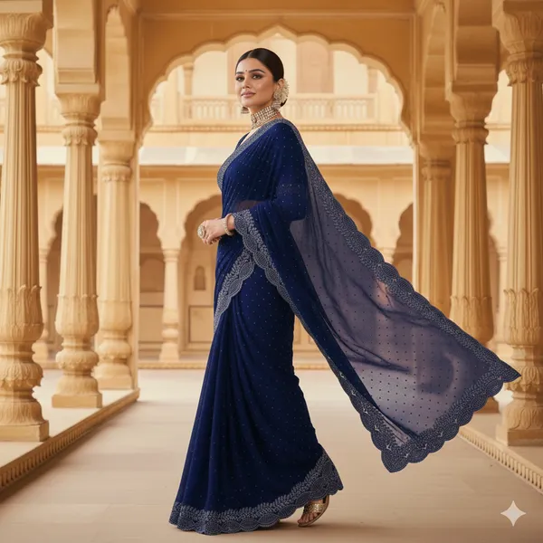 Navy_Blue_Georgette_Premium_Embroidered_Saree_With_Matching_Blouse_For_Women