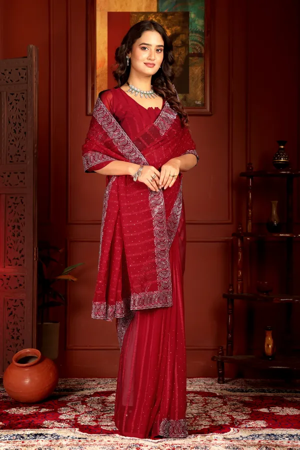 Red_Georgette_Premium_Embroidered_Saree_With_Matching_Blouse_For_Women