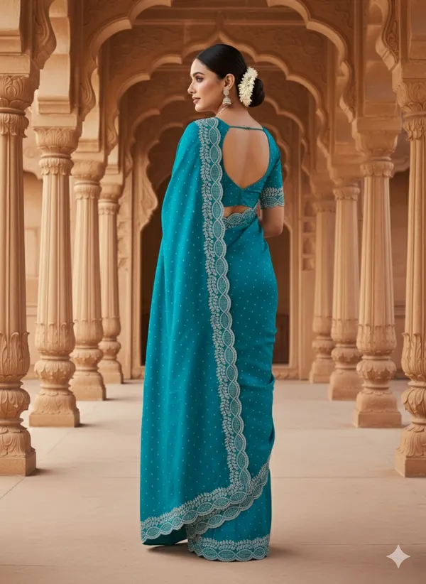 Turquoise_Blue_Georgette_Premium_Embroidered_Saree_With_Matching_Blouse_For_Women