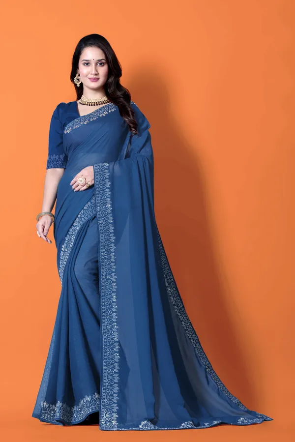 Blue_Elegant__Georgette_Premium_Embroidered_Saree_With_Matching_Blouse_For_Women