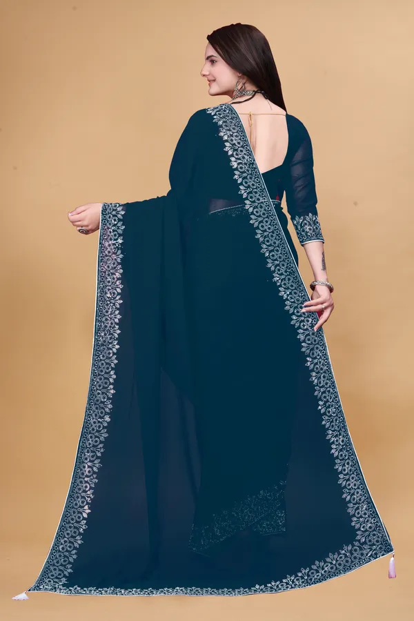 Teal_Blue_Georgette_Premium_Embroidered_Saree_With_Matching_Blouse_For_Women