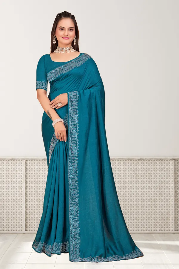 Teal_Blue_Georgette_Premium_Embroidered_Saree_With_Matching_Blouse_For_Women