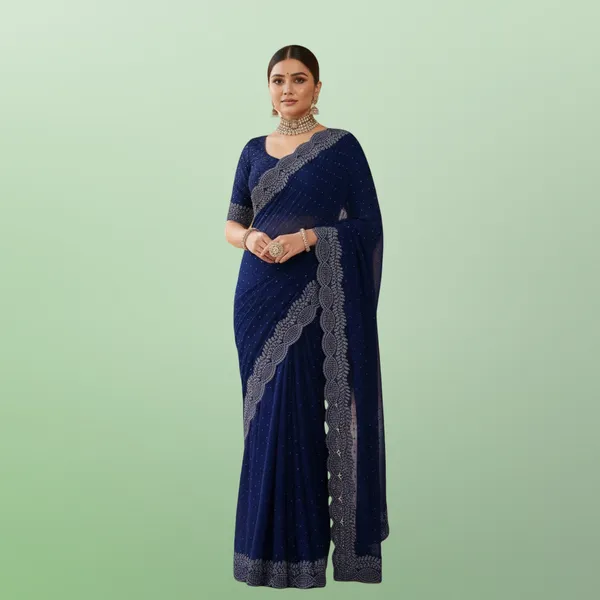 Navy_Blue_Georgette_Premium_Embroidered_Saree_With_Matching_Blouse_For_Women