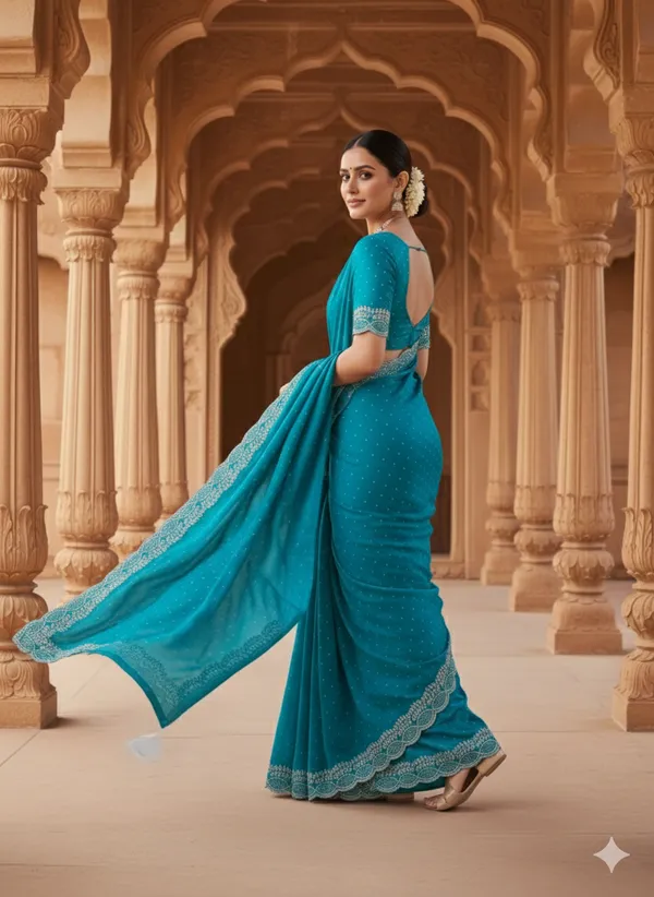 Turquoise_Blue_Georgette_Premium_Embroidered_Saree_With_Matching_Blouse_For_Women