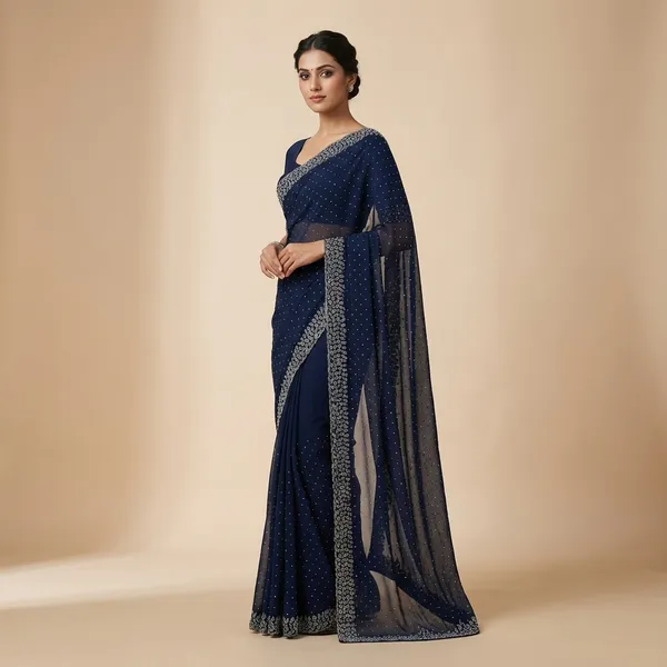 Navy_Blue_Georgette_Premium_Embroidered_Saree_With_Matching_Blouse_For_Women