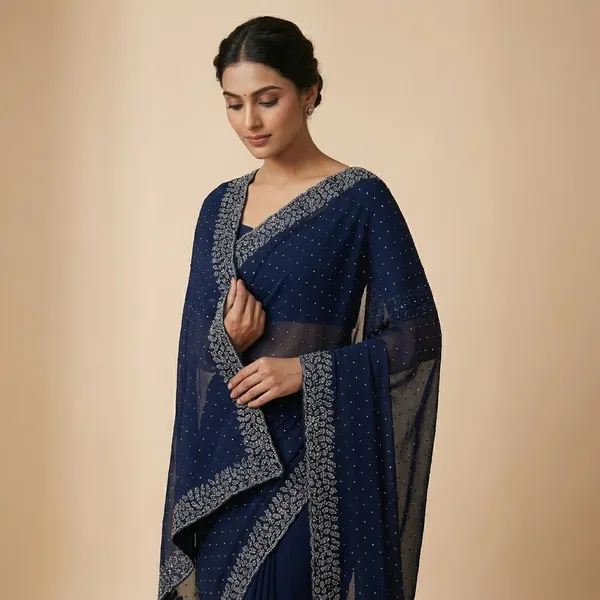 Navy_Blue_Georgette_Premium_Embroidered_Saree_With_Matching_Blouse_For_Women
