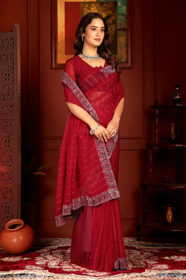 Red_Georgette_Premium_Embroidered_Saree_With_Matching_Blouse_For_Women