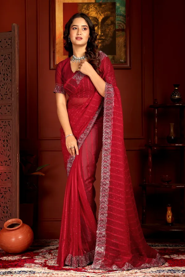 Red_Georgette_Premium_Embroidered_Saree_With_Matching_Blouse_For_Women