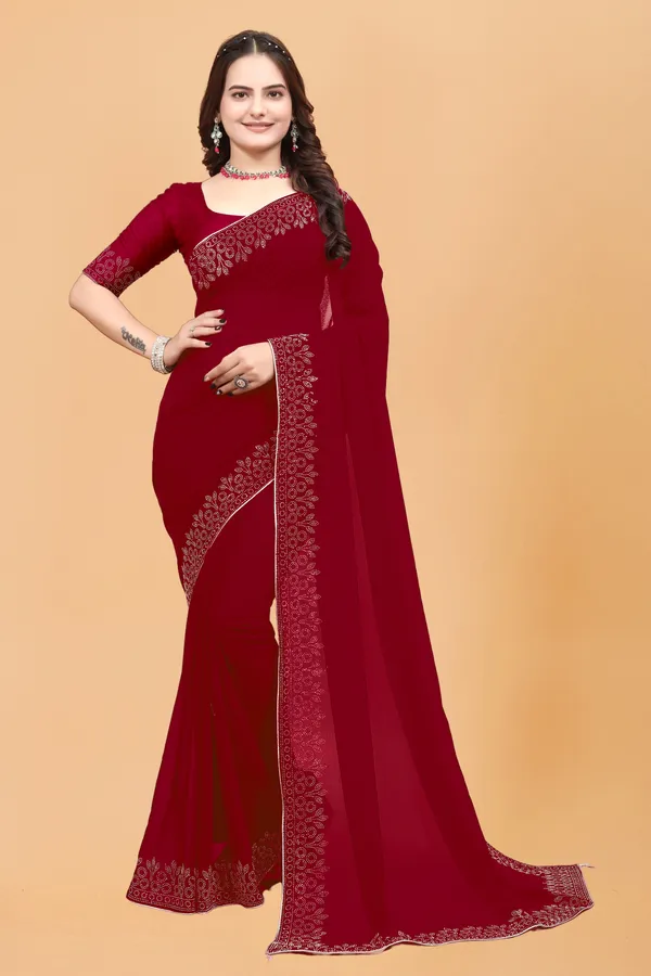 Red_Georgette_Premium_Embroidered_Saree_With_Matching_Blouse_For_Women