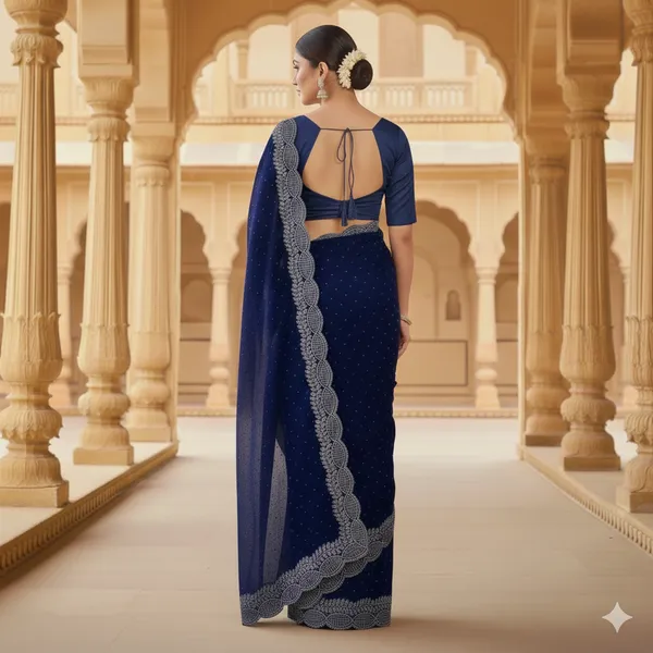 Navy_Blue_Georgette_Premium_Embroidered_Saree_With_Matching_Blouse_For_Women