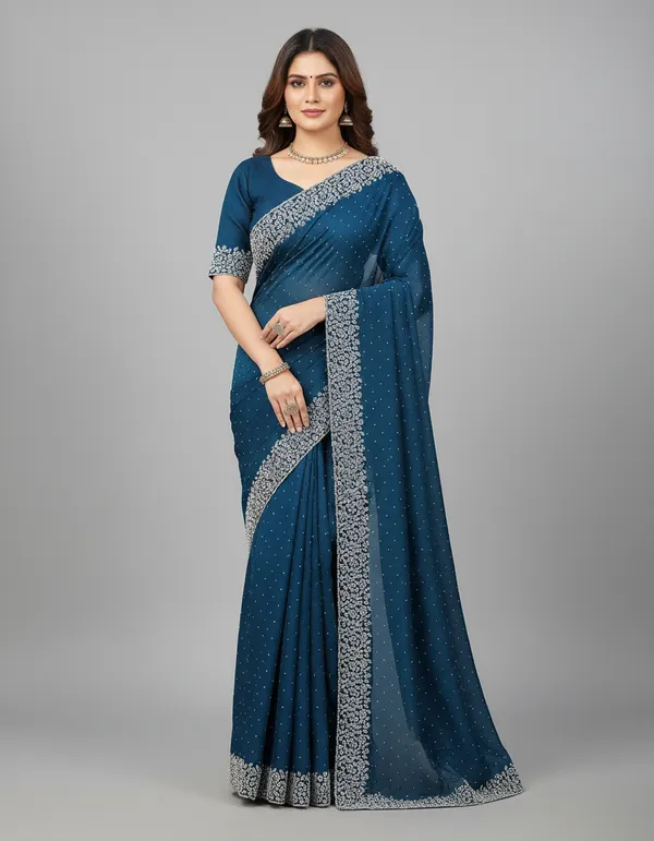 Blue_Elegant__Georgette_Premium_Embroidered_Saree_With_Matching_Blouse_For_Women