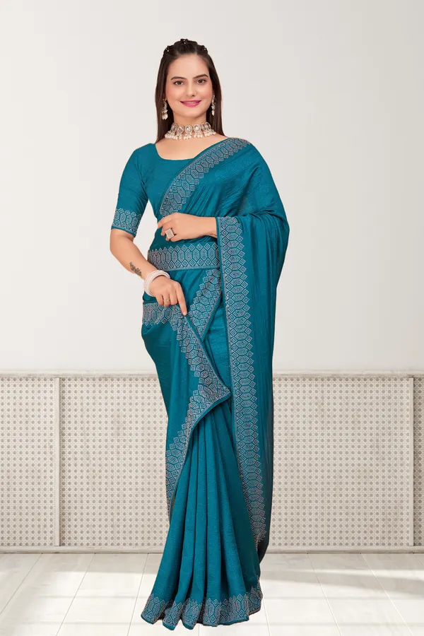 Teal_Blue_Elegant__Georgette_Premium_Embroidered_Saree_With_Matching_Blouse_For_Women