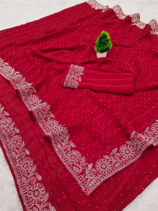 Red_Georgette_Premium_Embroidered_Saree_With_Matching_Blouse_For_Women