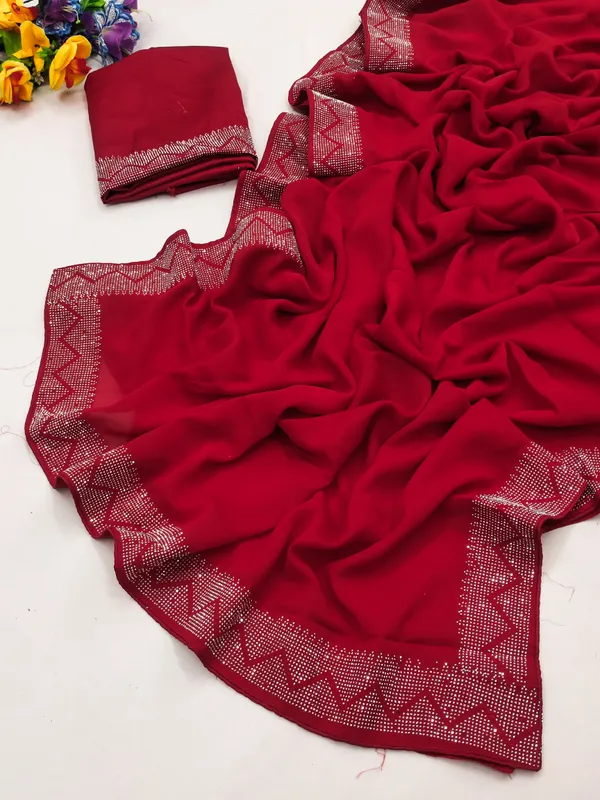 Red_Georgette_Premium_Embroidered_Saree_With_Matching_Blouse_For_Women