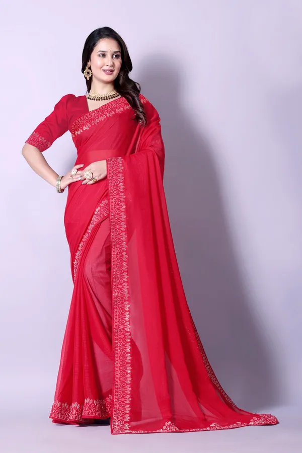 Red_Georgette_Premium_Embroidered_Saree_With_Matching_Blouse_For_Women