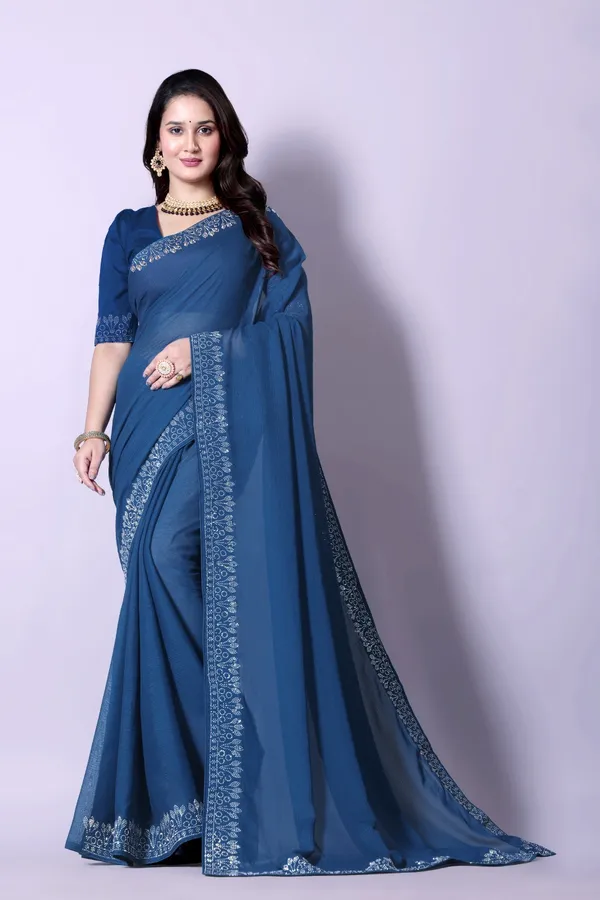 Blue_Elegant__Georgette_Premium_Embroidered_Saree_With_Matching_Blouse_For_Women