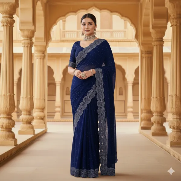Navy_Blue_Georgette_Premium_Embroidered_Saree_With_Matching_Blouse_For_Women