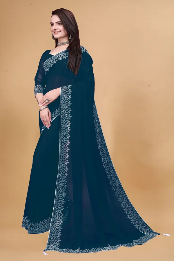 Teal_Blue_Georgette_Premium_Embroidered_Saree_With_Matching_Blouse_For_Women